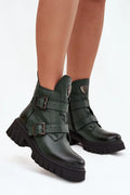 bottines cuir grainé vert forêt montantes doublées feutre chaleur confort fermeture éclair double brides réglables boucles métalliques semelle plateforme crantée
