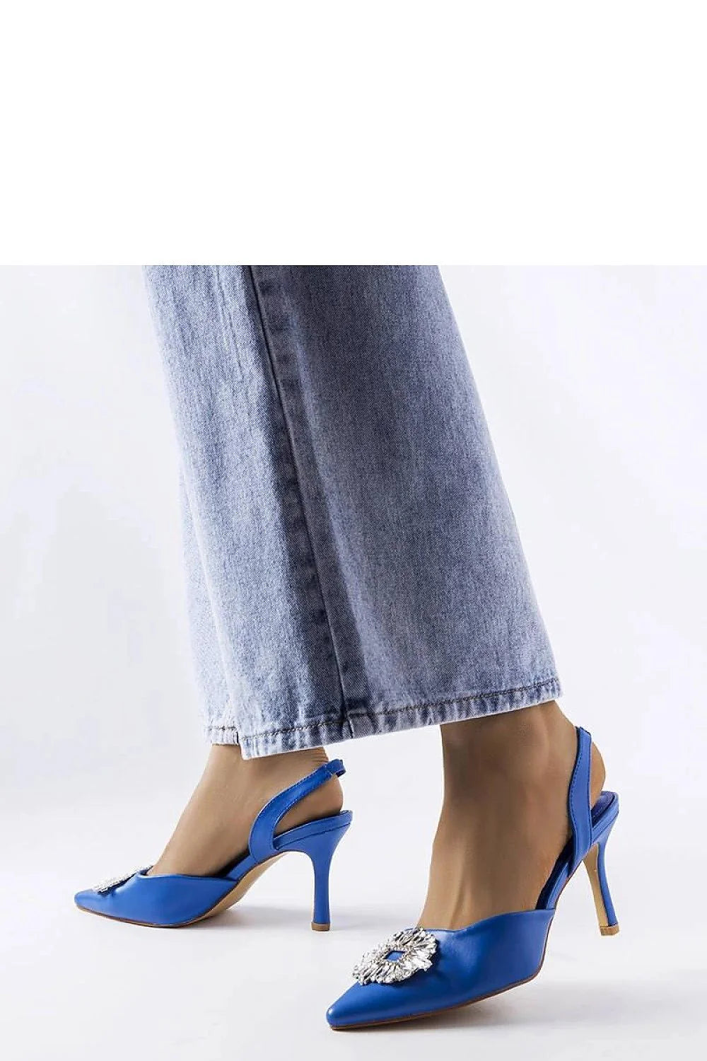 escarpins femme slingback satin bleu roi pointu bout talon stiletto aiguille moyen haut strass boucle carrée cristaux semelle fine