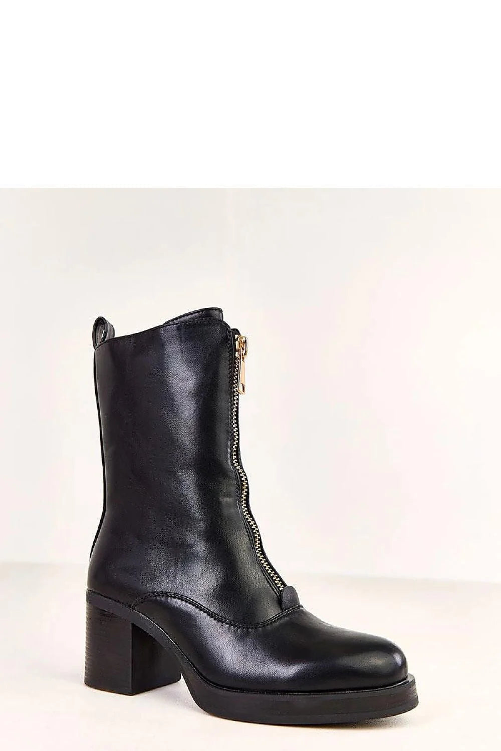 bottines mi mollet cuir synthétique noir bout rond talon bloc 7 cm semelle tissu doublure chaude fermeture éclair dorée décorative