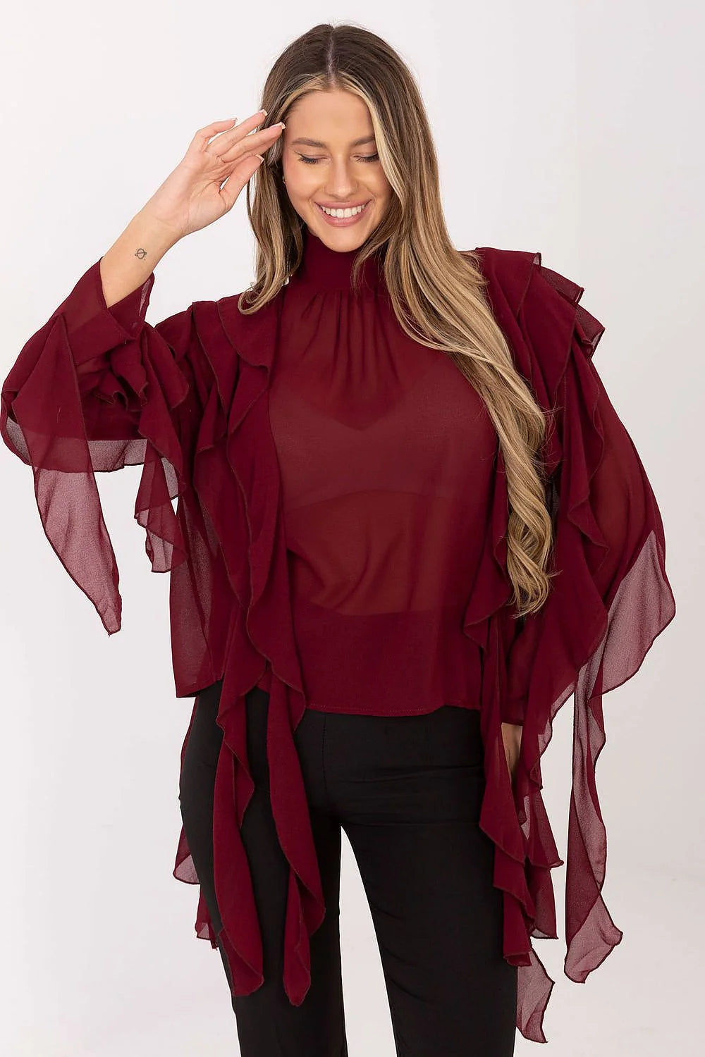 chemise élégante femme soirée motif lisse viscose polyester douce extensible ajustée manches longues col roulé boutons volants décoratifs romantique chic