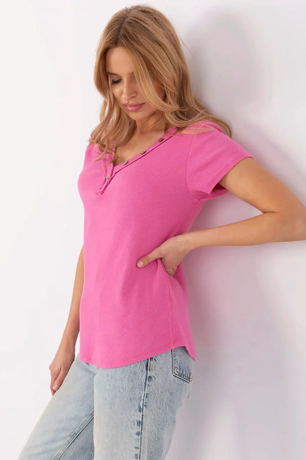T-shirt femme style décontracté col V rose vif manches courtes en coton doux ajusté élégant pour quotidien et travail