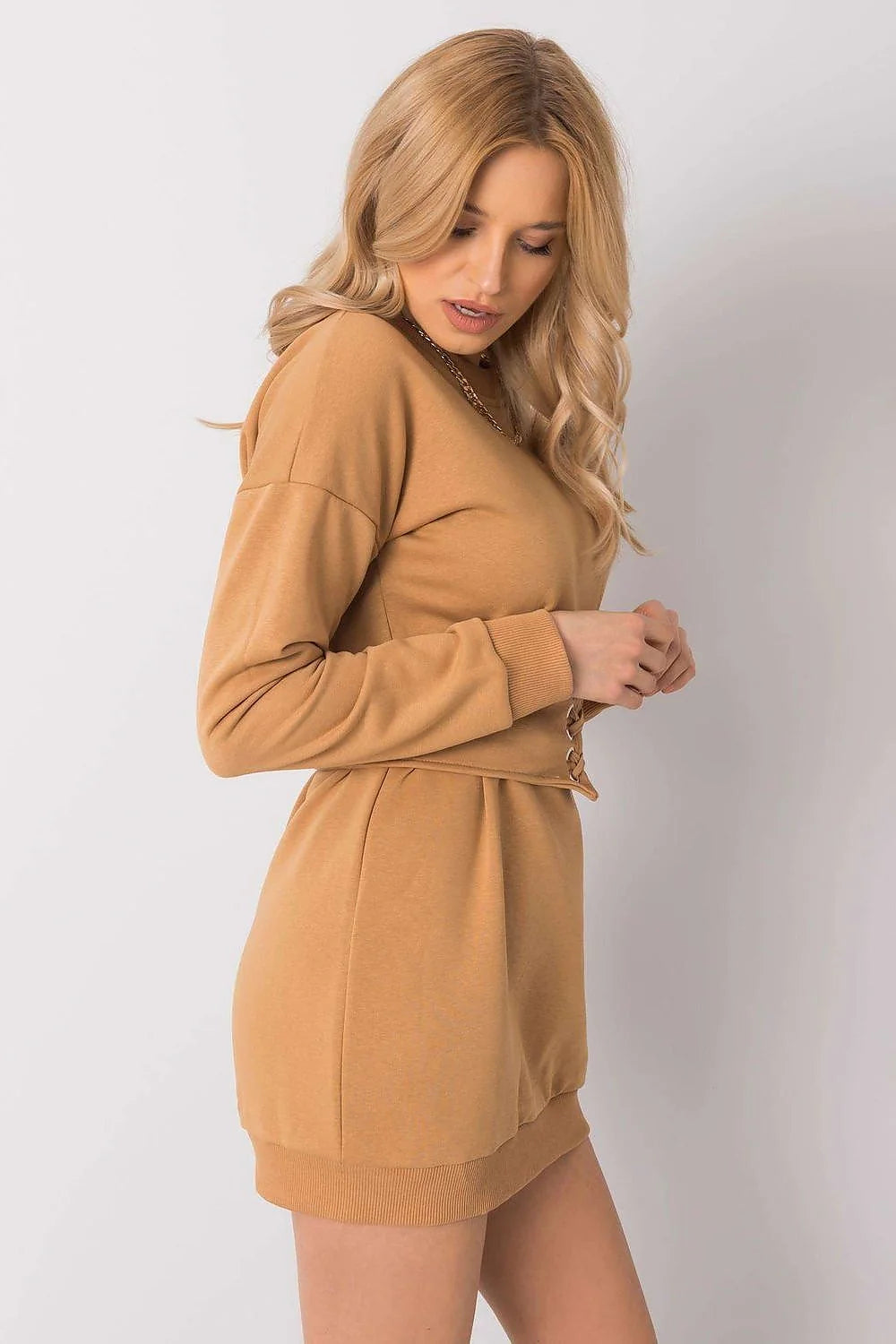 Robe de jour en coton gris, ceinture ajustable, manches longues, encolure ronde, coupe cintrée, longueur mi-cuisse, femmes
