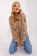 Ensemble sweater Women Beige Taupe Chunky Weave High neckline Puffed sleeves Twisted headband Autumn Winter Fashion Vêtements Mode