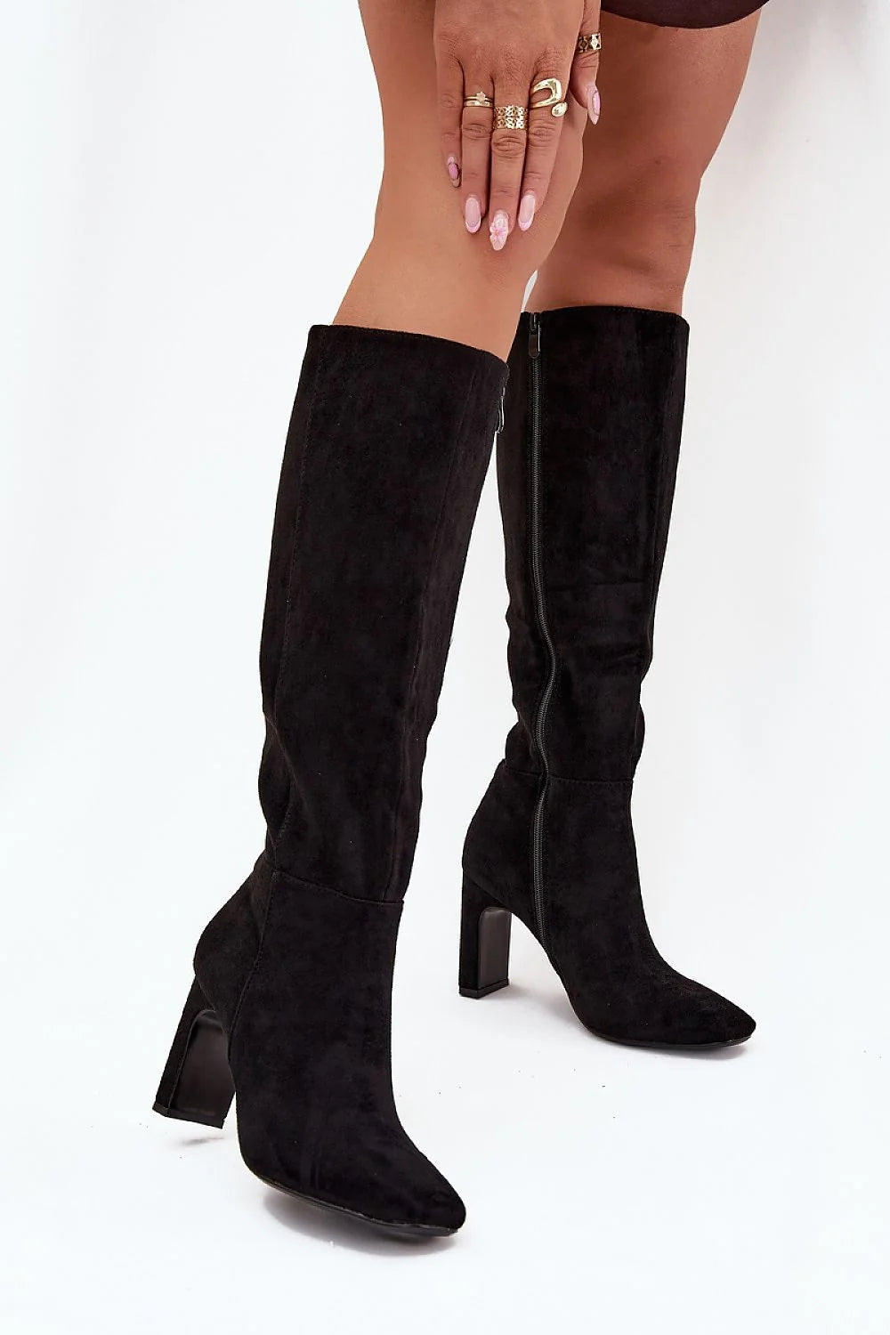 bottes femme suède noir montantes genou fermeture éclair talon colonne hauteur9cm bouts carrés doublure fourrure semelle fine confortable élégantes