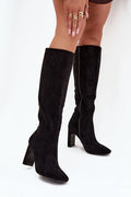 bottes femme suède noir montantes genou fermeture éclair talon colonne hauteur9cm bouts carrés doublure fourrure semelle fine confortable élégantes