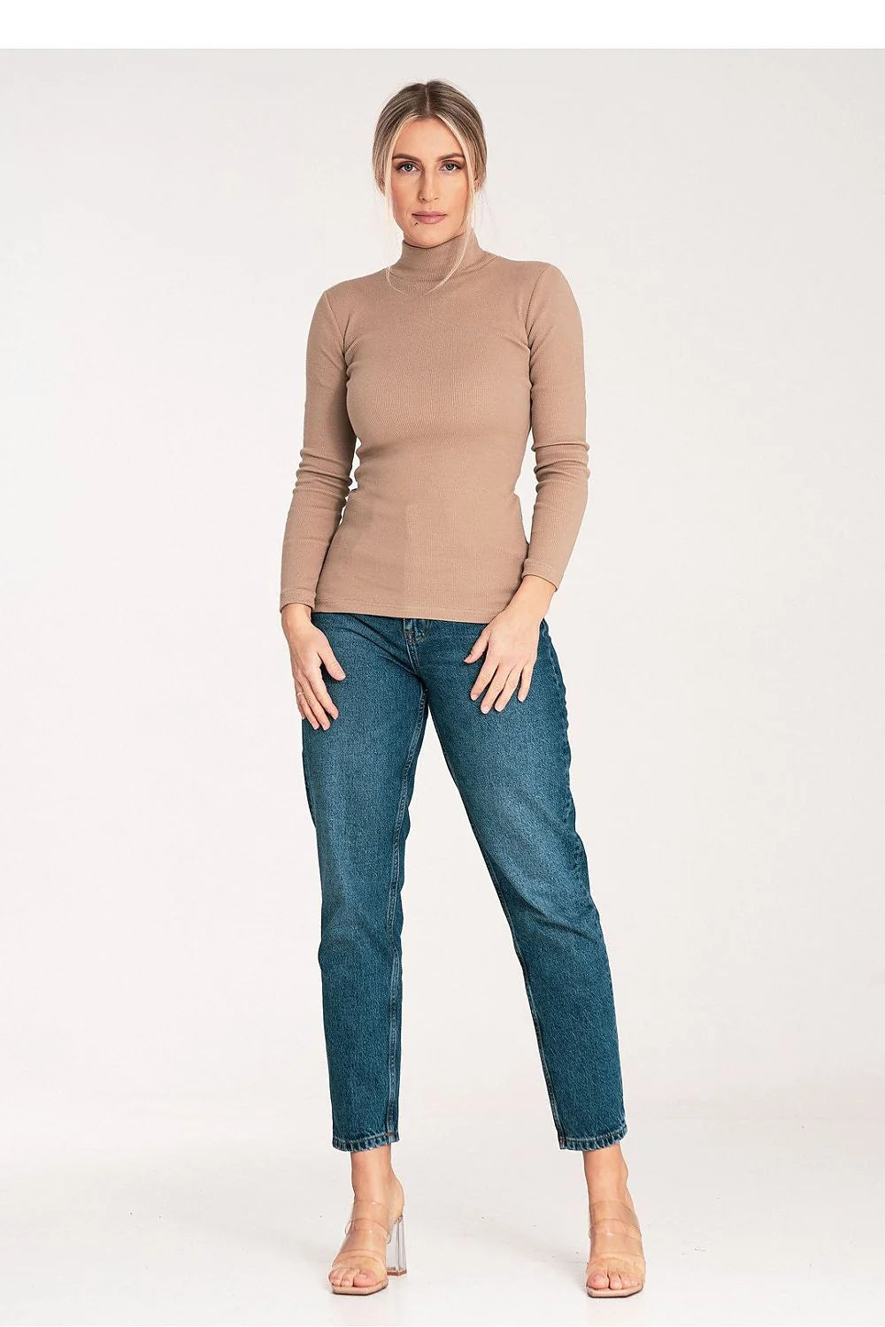 Col roulé femme en coton élégant ajusté beige taupe longues manches style sophistiqué vêtement polyvalent