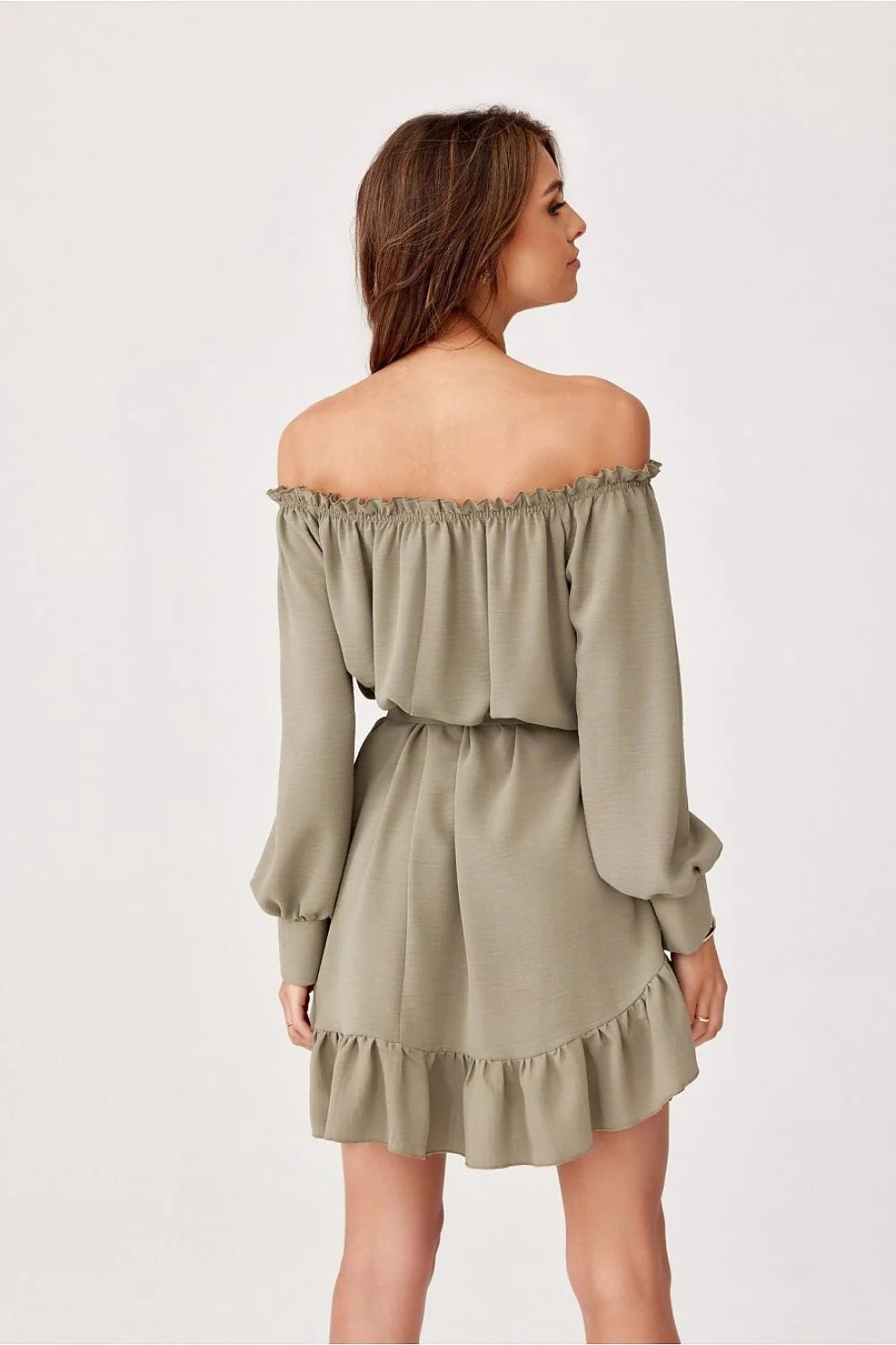Robe de jour Roco Fashion élégante style bohème manches longues épaules nues ceinture dorée couleur kaki femmes