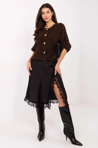 jupe midi satinée noire fluide féminine coupe classique taille élastique dentelle ourlet fente latérale polyester élasthanne polyvalente