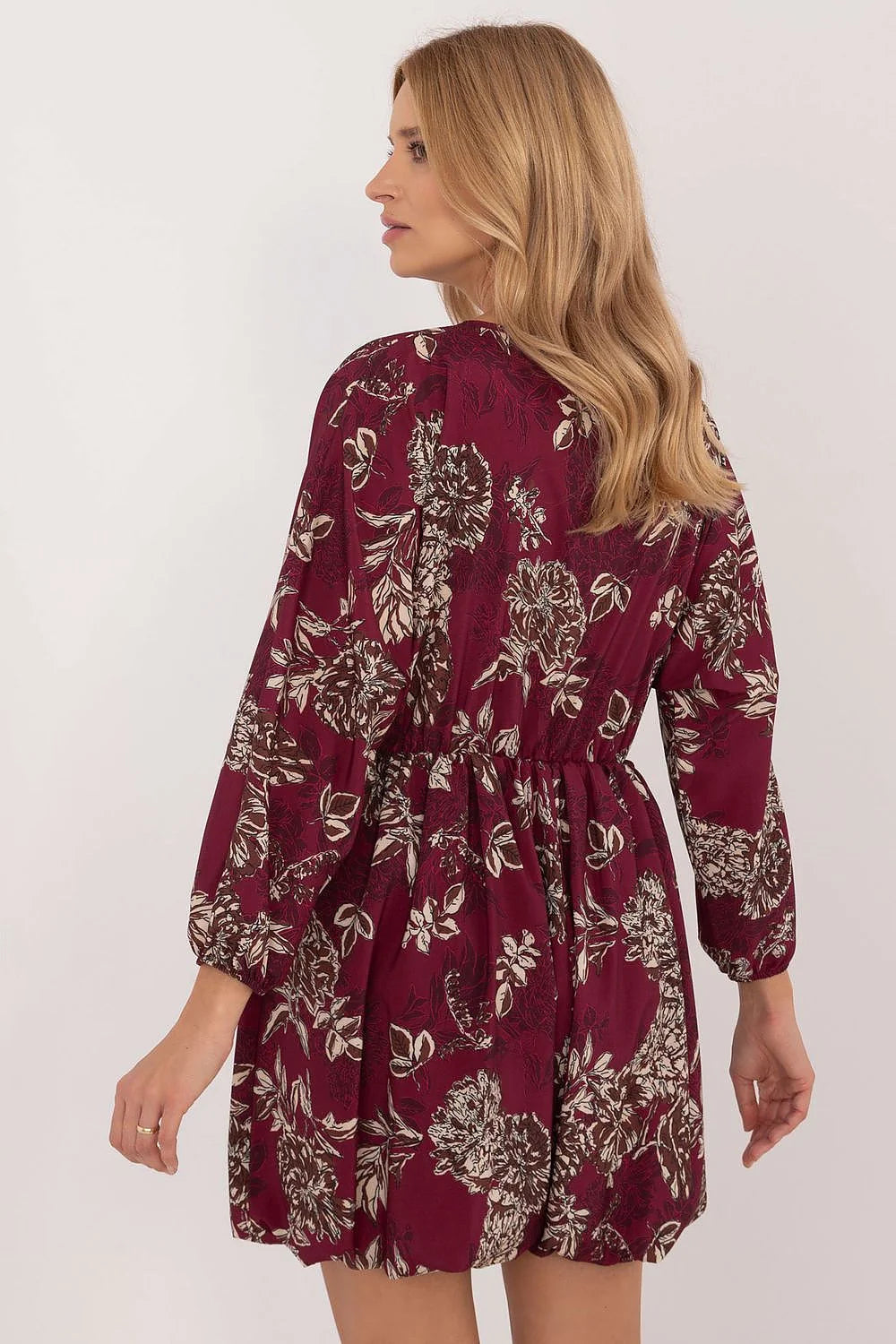 Robe féminine Italy Moda Floral Bordeau Polyester Viscose Manches longues évasées ceinture élastiquée occasion多种