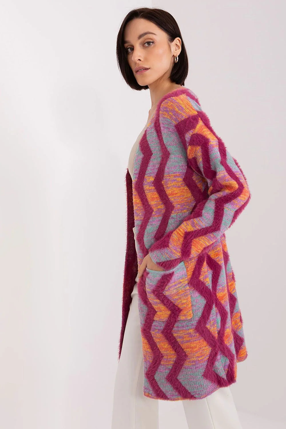 Cardigan audacieux pour femmes motifs zigzag coloré veste ouverte style décontracté longue manches longues col V