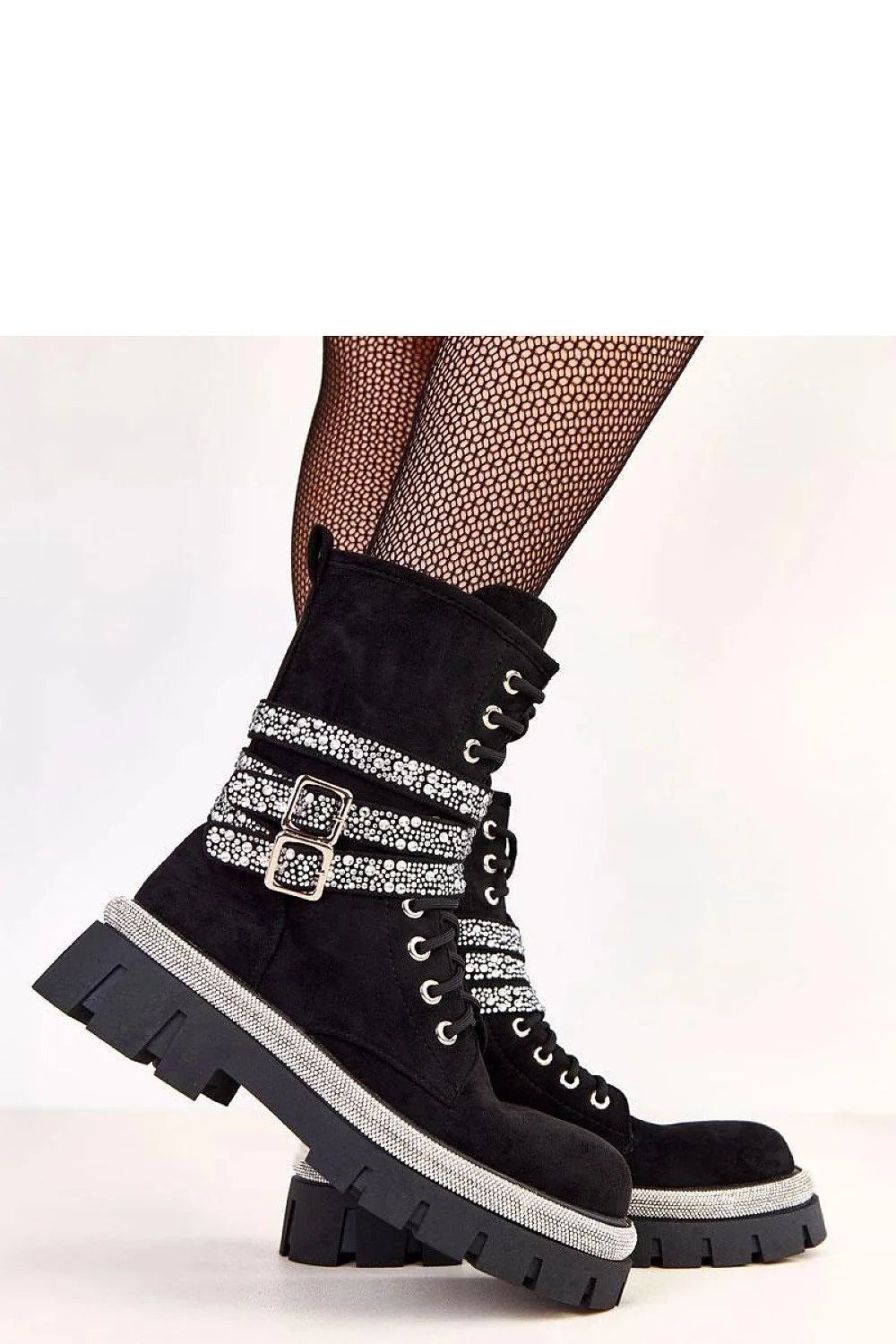 bottines femme élégantes confortables cuir suédé écologique montantes chevillehaute plateforme crantée lacées fermetureéclair strass argentés boucles réglables doublure chaude urbaine