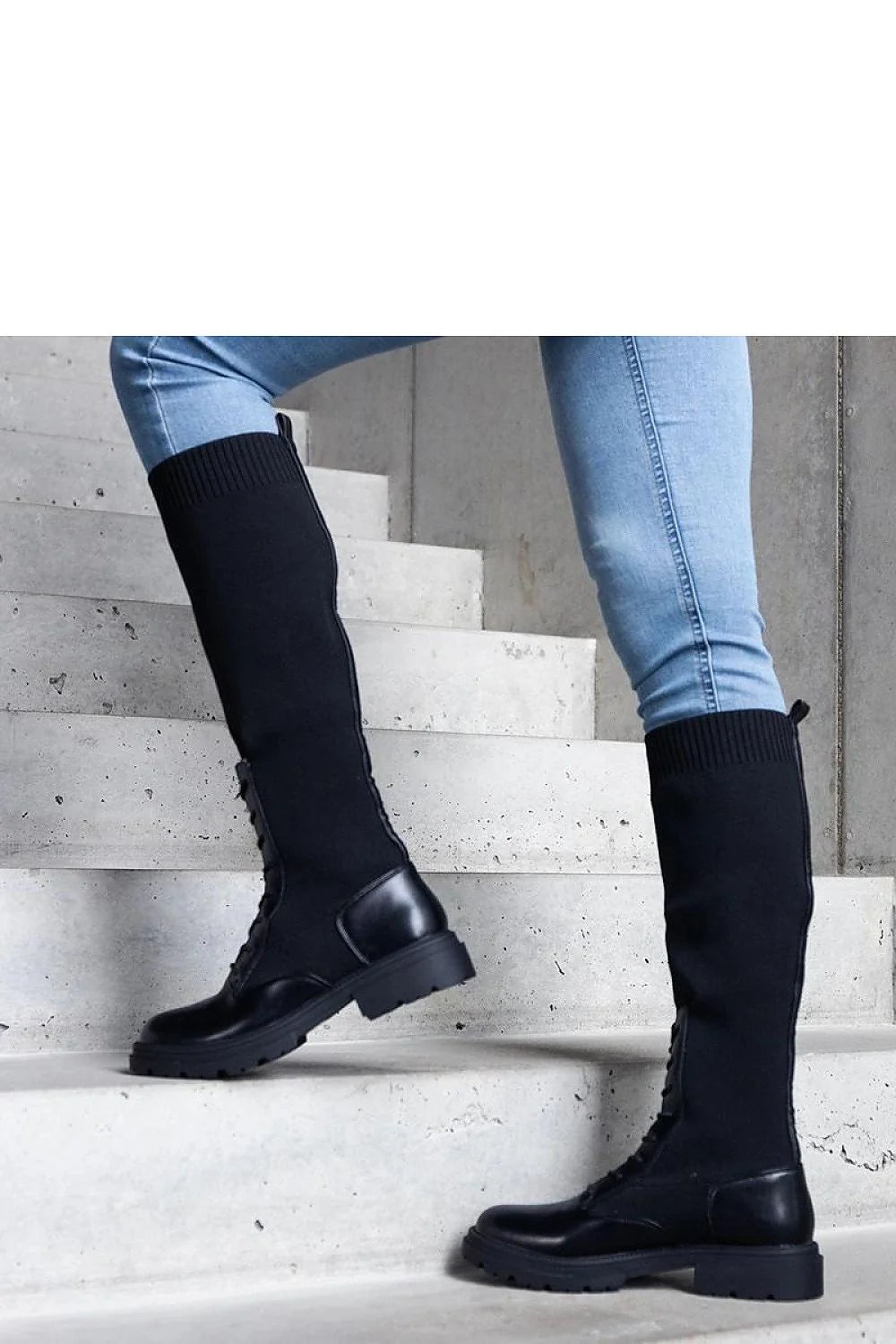Bottes hautes mixte cuir tissu extensible noir style urbain moderne femmes lacets semelle caoutchouc