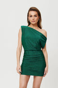 Robe courte Makover asymétrique épaule nue tissu lamé vert émeraude drapé soirées occasions spéciales femmes