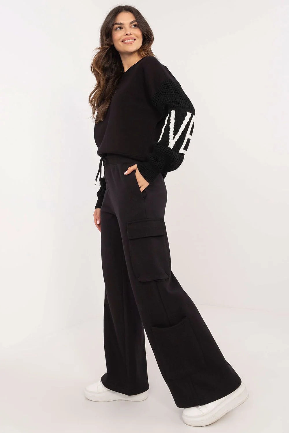 Outfit Casual Élégant Femme Set Sweatshirt Cargo Pants Jambes larges Coupe ample Confort Style Moderne Épuré Équipement de Sport