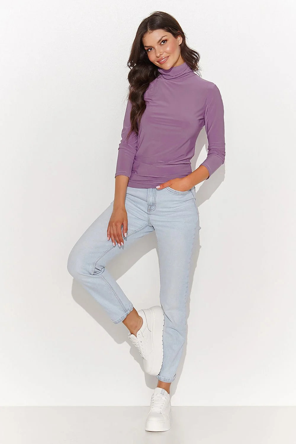 Chemisier pour femme à col roulé couleur mauve doux coupe ajustée manches longues tissu extensible