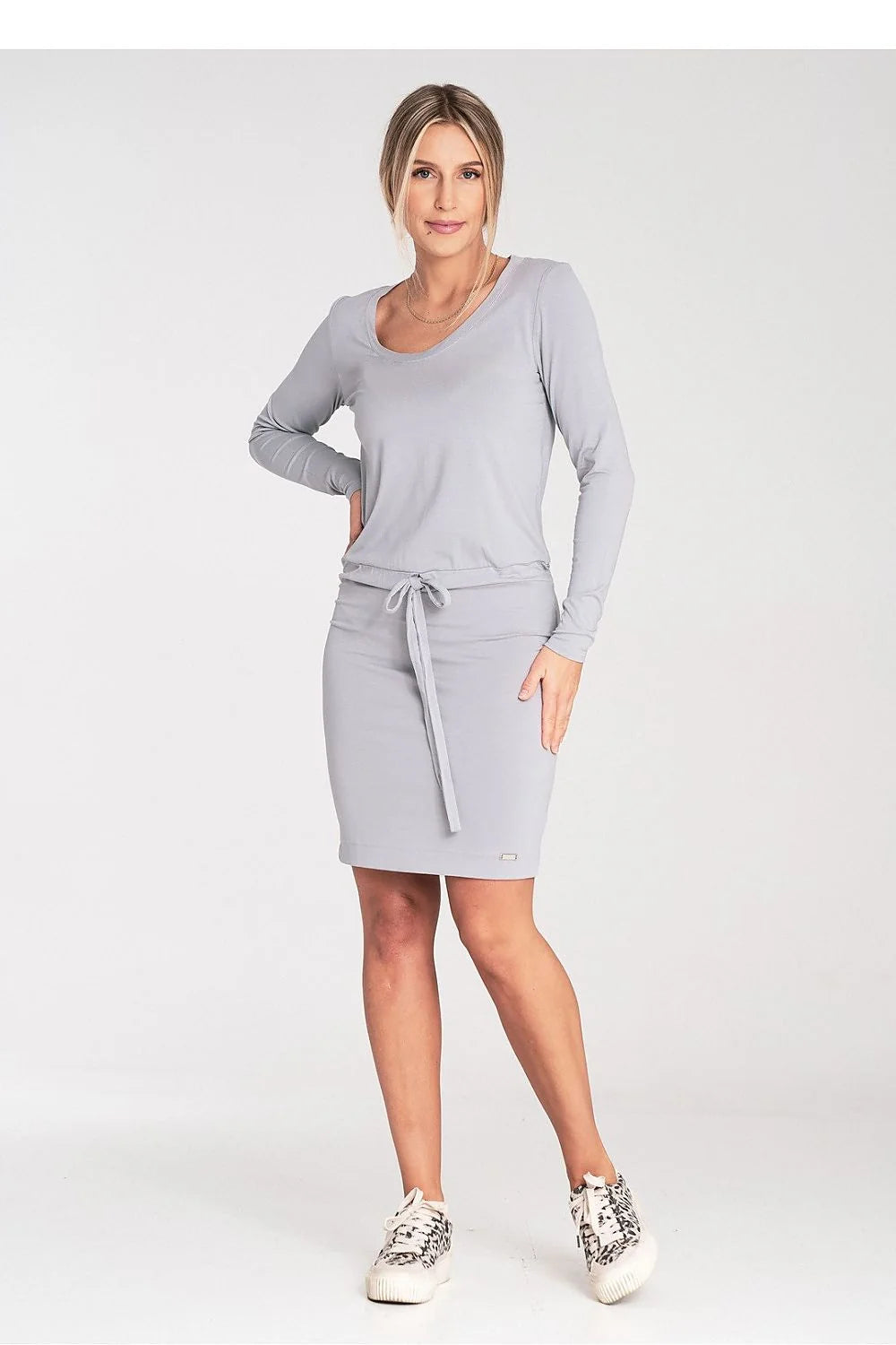 Robe de jour élégante femme manches longues encolure demi-ronde taille ajustable fabric stretchy soft grey