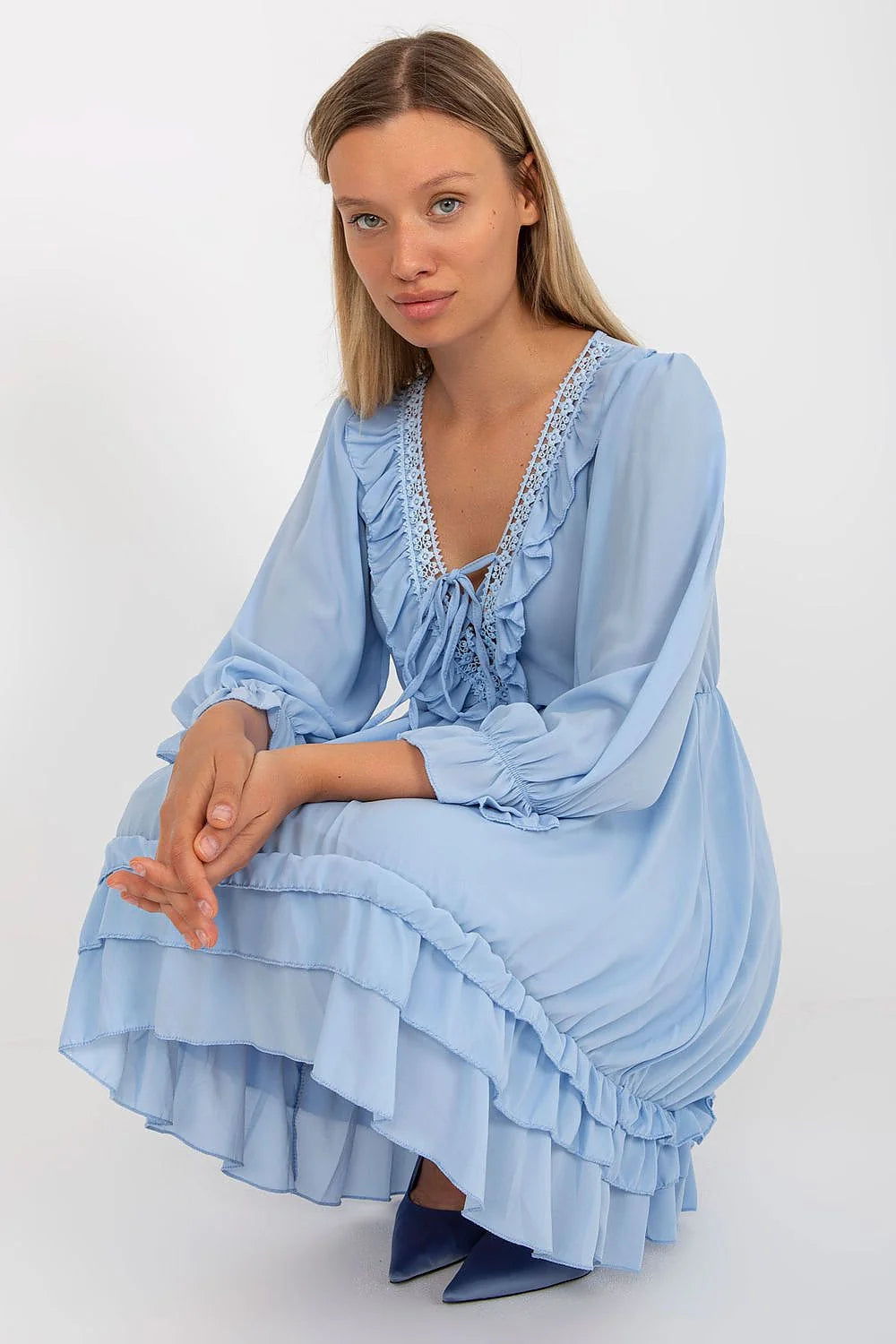 Robe de jour Och Bella design élégant coupe évasée manches longues volants dentelle bleu pâle légères confortables femme