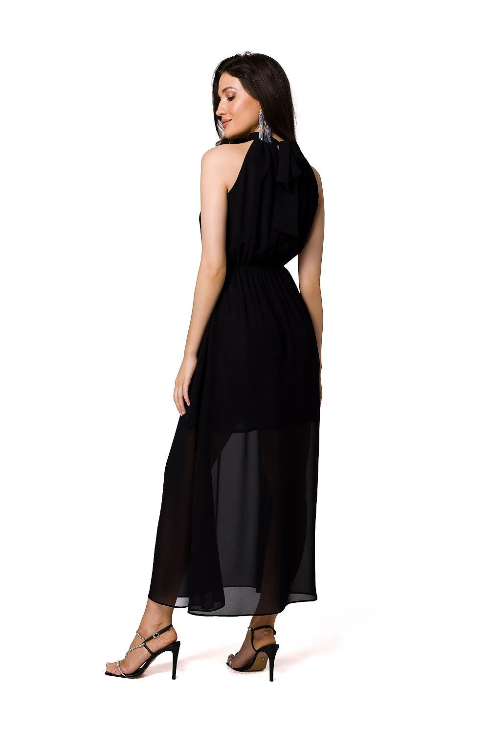 Robe de cocktail élégante en mousseline noire sans manches encolure licou taille élastiquée pour femme