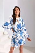 Robe de jour Roco Fashion motif floral bleu tissu fluide manches longues encolure goutte d'eau ceinture intégrée femmes