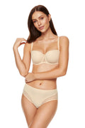 Ensemble de lingerie féminine soutien-gorge rembourré culotte balconnet armatures nœud décoratif teinte beige nude matière lisse maille transparente confort élégance femme