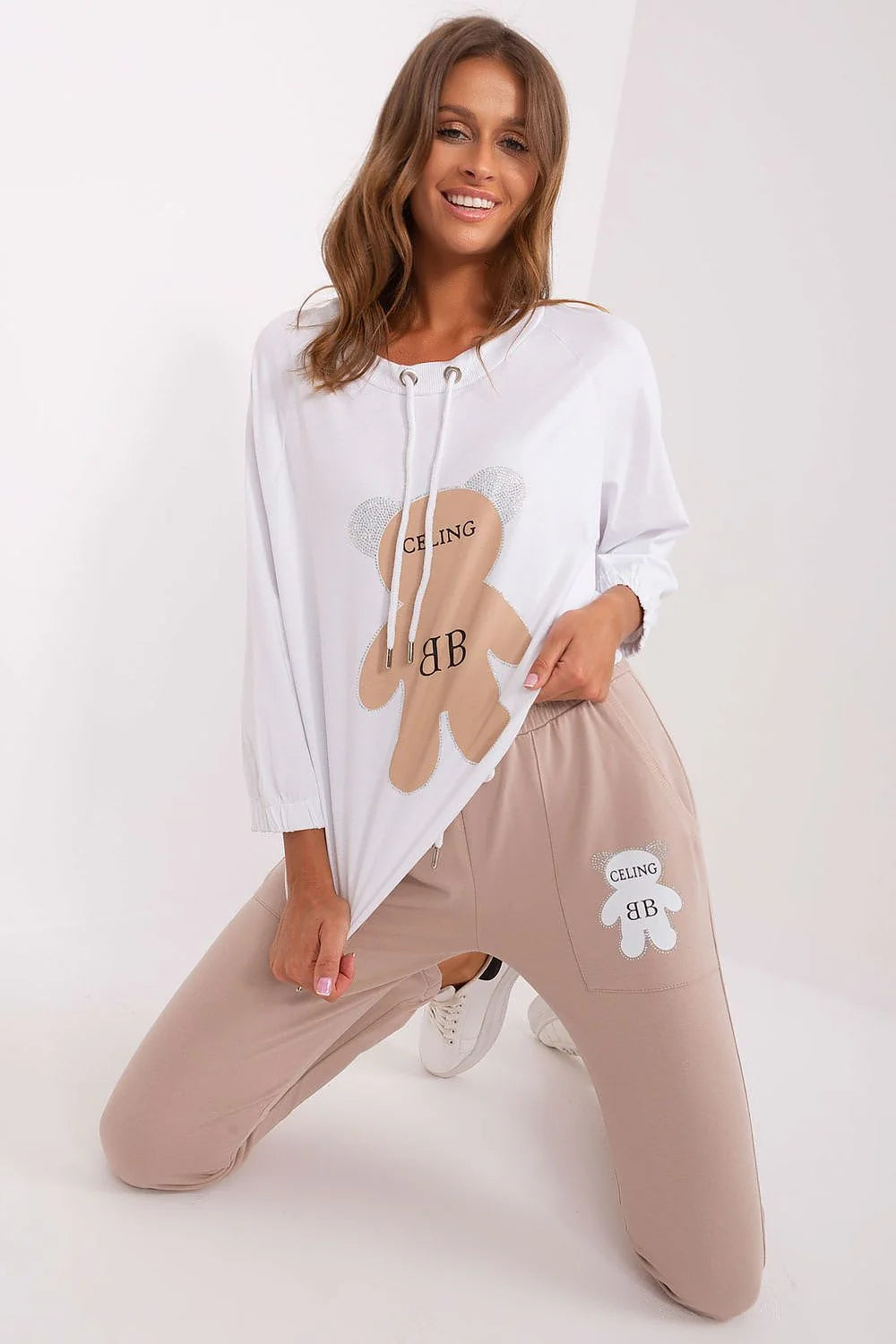 Ensemble Relevance pour femme, sweat-shirt longues manches, pantalon jogger, motif ourson, coton élasthanne, look décontracté, mode tendance