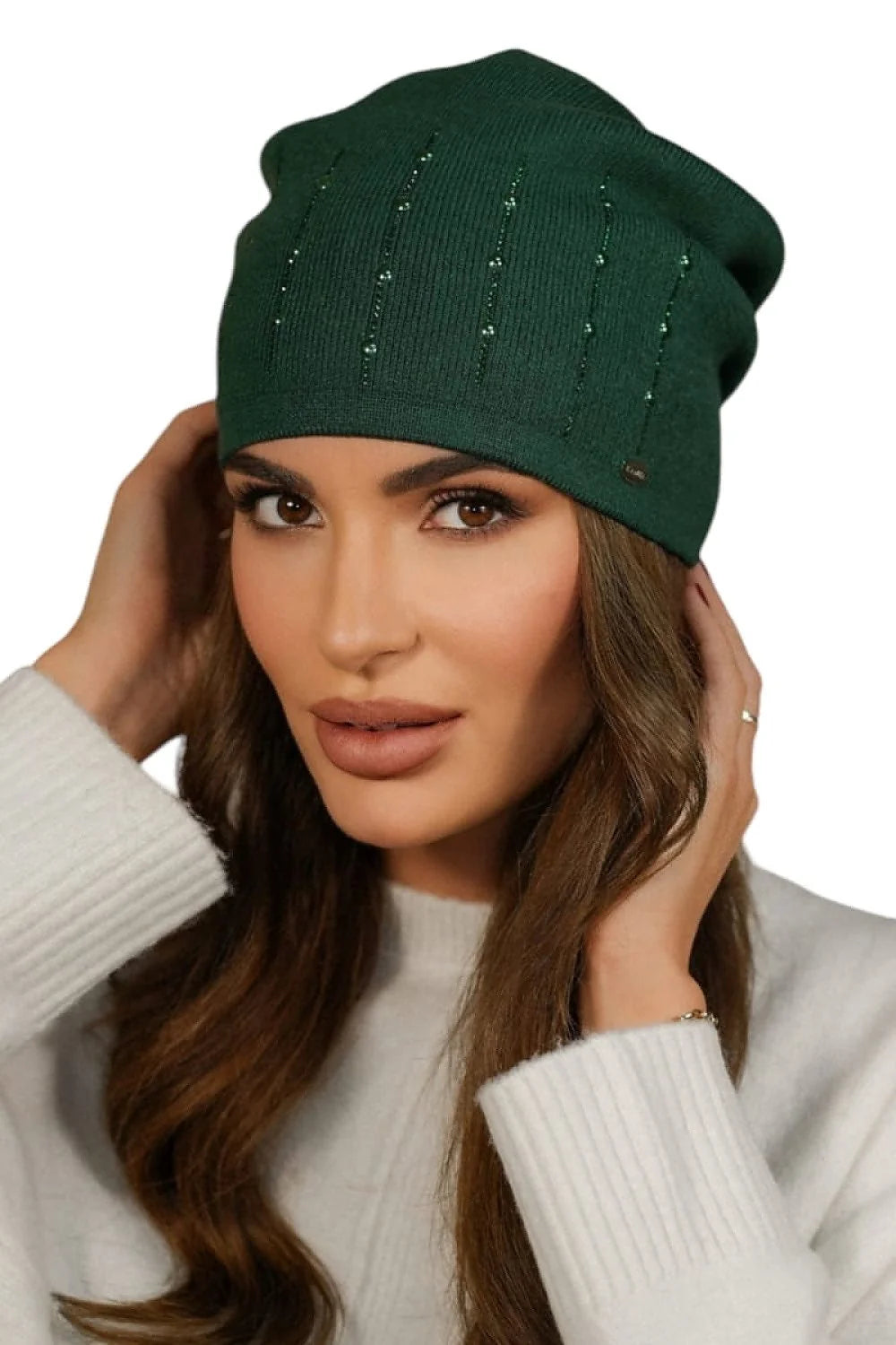 Bonnet femme élégant vert foncé perles zircons tricot viscose coupe ample slouchy mode automne hiver