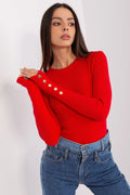 Pull femme moderne élégant tricot côtelé rouge vif manches longues ajusté occasions décontractées formelles