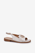 Sandales pour femmes design moderne élégant ouvert devant cuir écologique argenté semelle marron talon plat adjustable