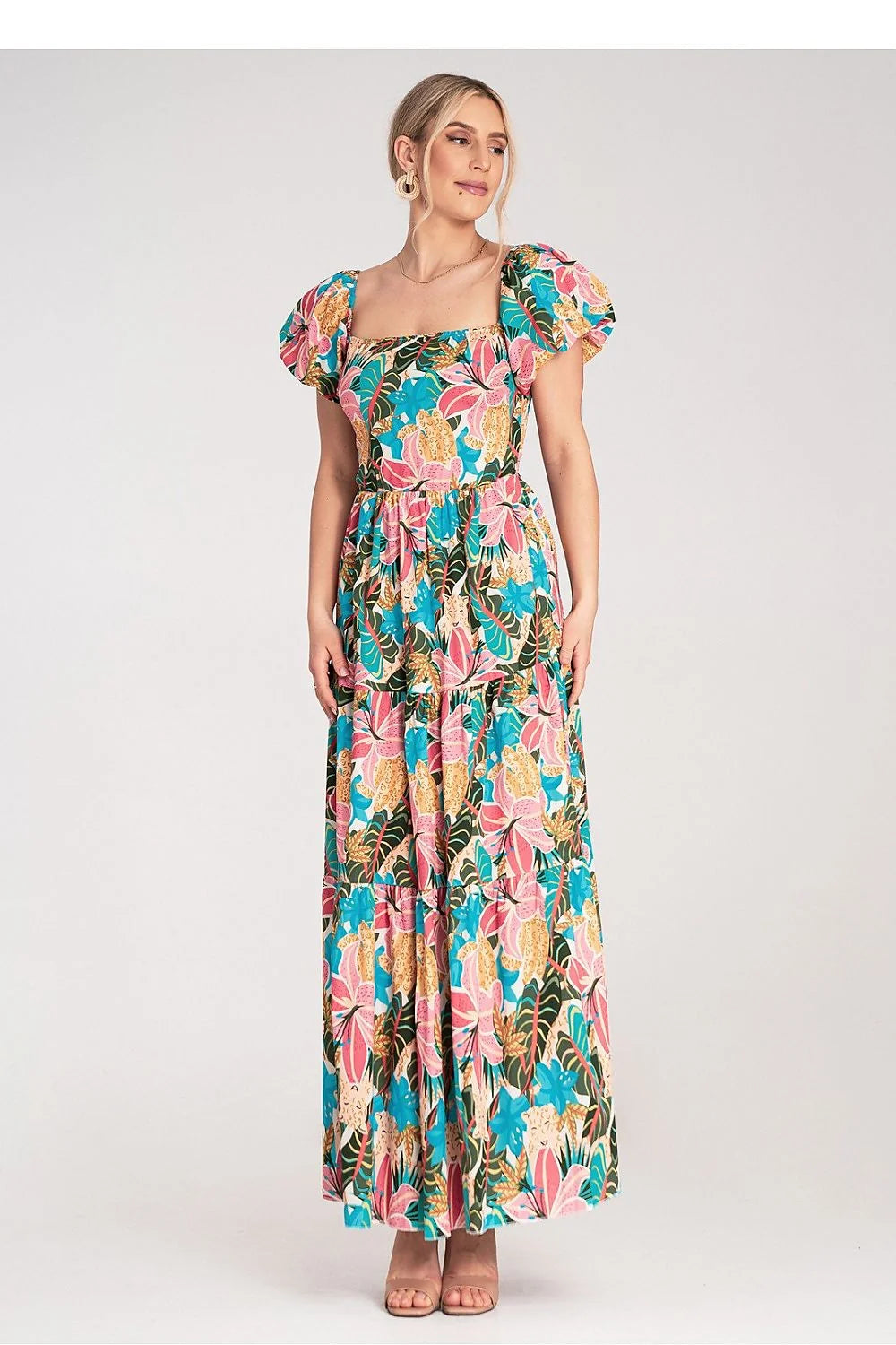 robe longue maxi femme bohème chic encolure carrée manches bouffantes manches ballon courtes tissu léger fluide imprimé tropical floral multicolore