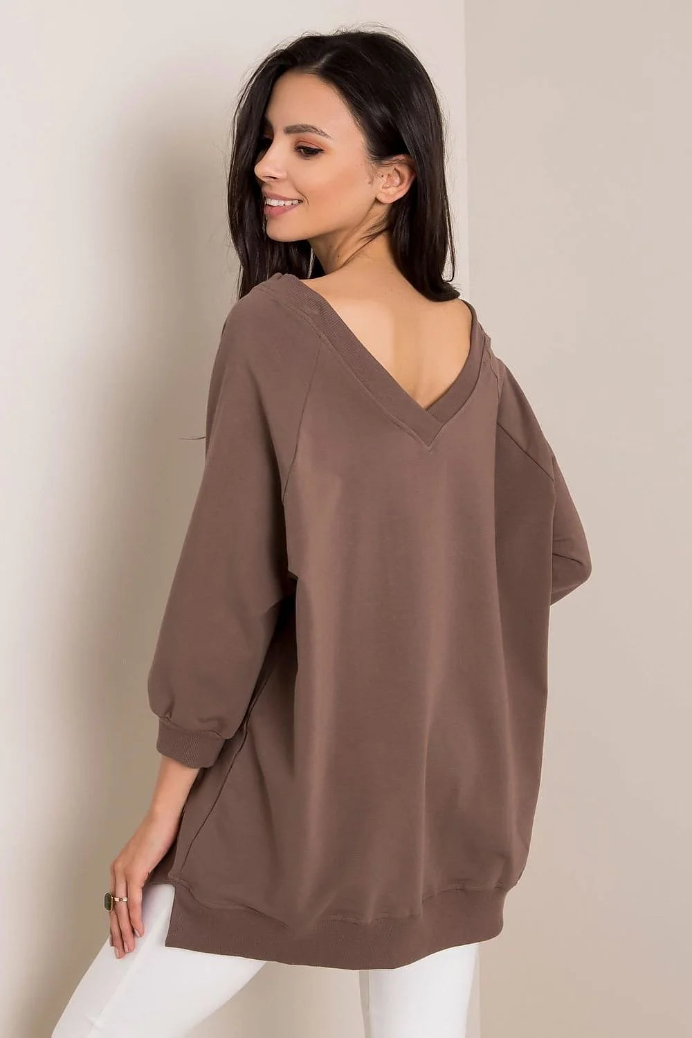 Sweatshirt Rue Paris ample manches longues encolure V couleur brun terre cuite doux respirant féminin