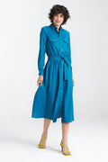 Robe chemise femme design élégant bleu turquoise vif manches longues boutons métalliques ceinture assortie