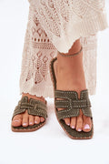 Sandales femmes style élégant moderne éco-suède kaki clous métalliques chaîne dorée maintien confortable semelle plate occasion quotidienne