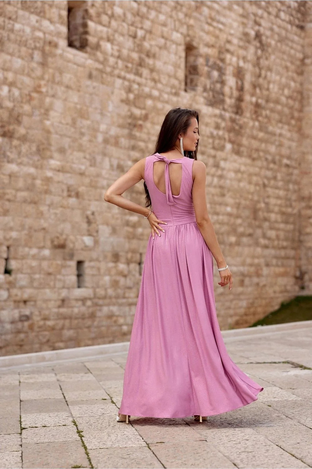 Robe longue élégante pour femme en tissu fluide couleur rose mauve encolure V croisé fente haute ceinture taille ajustable occasion spéciale