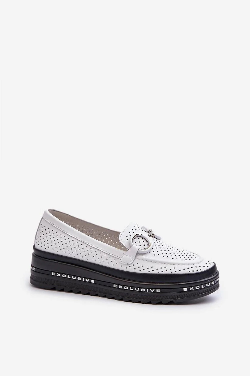 Mocassins perforés cuir blanc S.Barski style élégant plateforme 4cm bout arrondi semelle noire femme