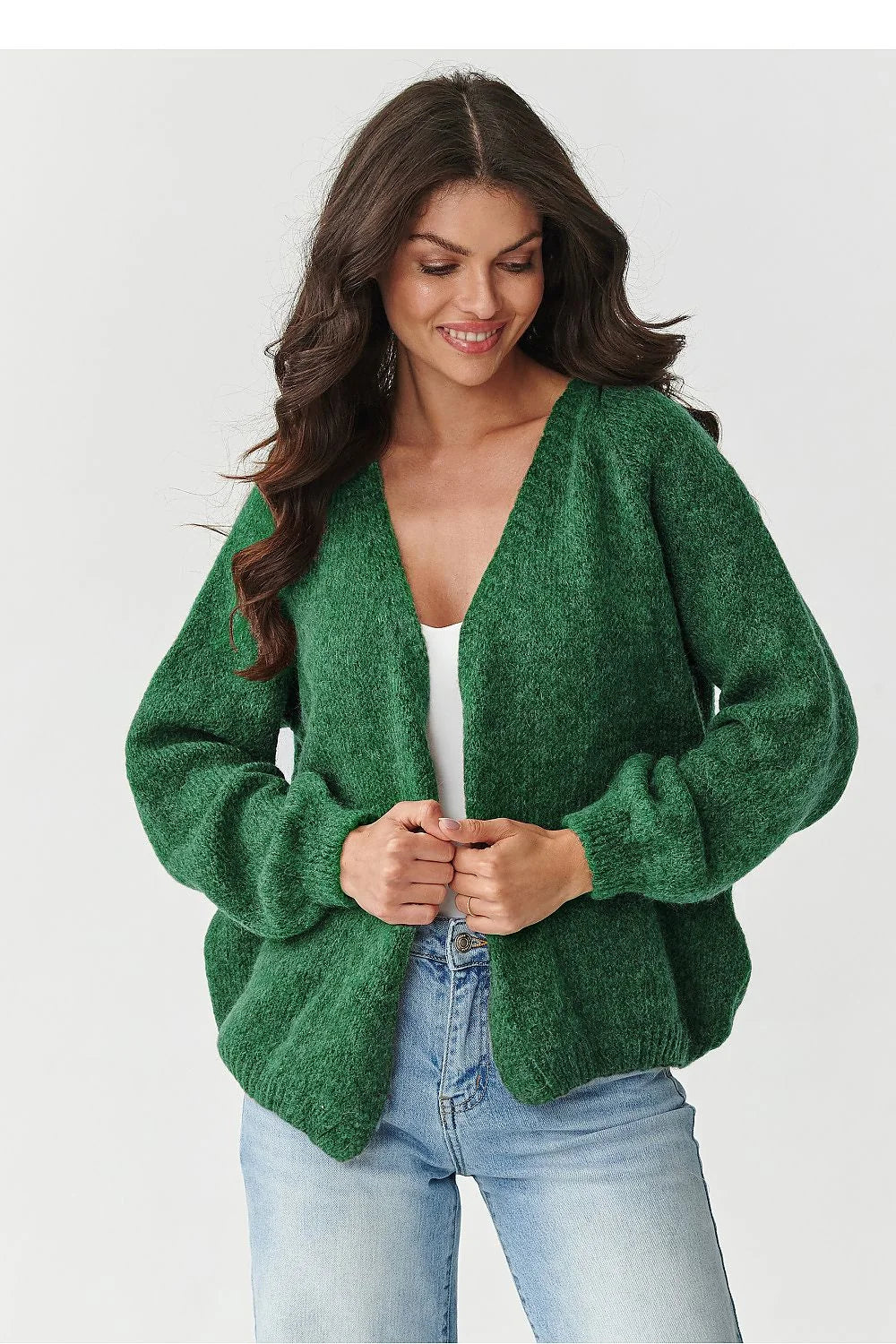 cardigan court oversize vert sapin mohair luxueux laine léger doux pelucheux cocooning colV manches ballon