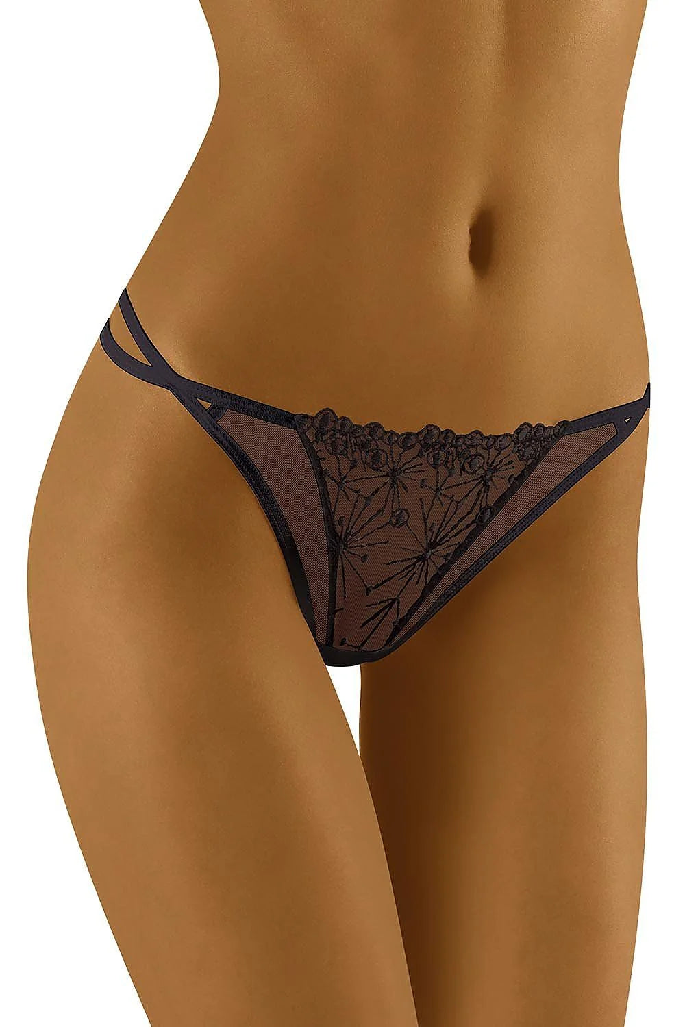 Bas de lingerie féminin élégant tanga maille transparente broderie florale noire taille basse élasthanne polyamide Wolbar