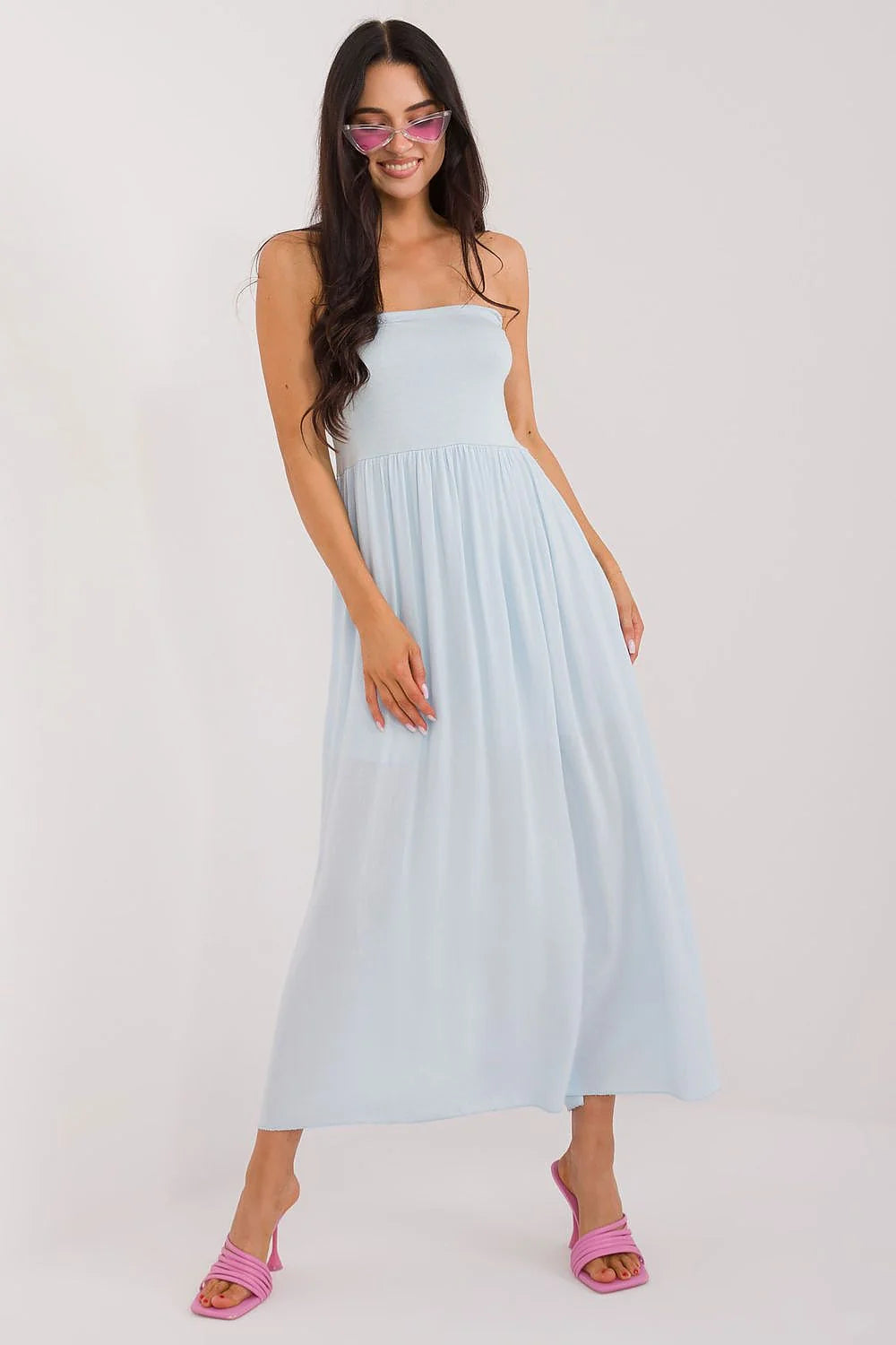 jupe longue maxi viscose doublée bleu pastel taille haute ceinture large évasée fluide drapé léger stretch polyvalente