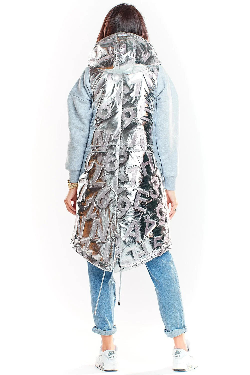 Gilet long sans manches métallisé futuriste audacieux avec capuche poches tendance urbaine automne hiver femme