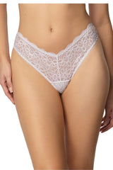 string taille basse dentelle blanche transparente floral motif bordure festonnée coupe V échancrée faible couvrance doublure coton