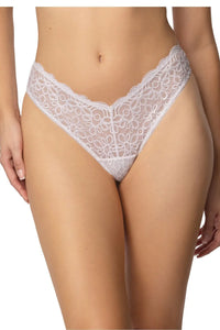string taille basse dentelle blanche transparente floral motif bordure festonnée coupe V échancrée faible couvrance doublure coton
