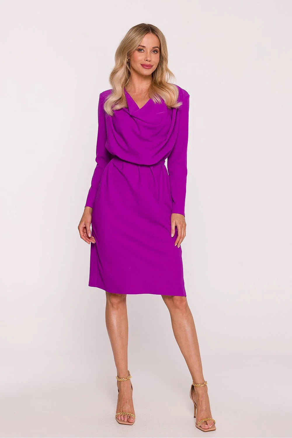 robe crayon midi fuchsia intense col drapé manches longues crêpe fluide mat taille cintrée ceinture élastique fente latérale discrète polonaise