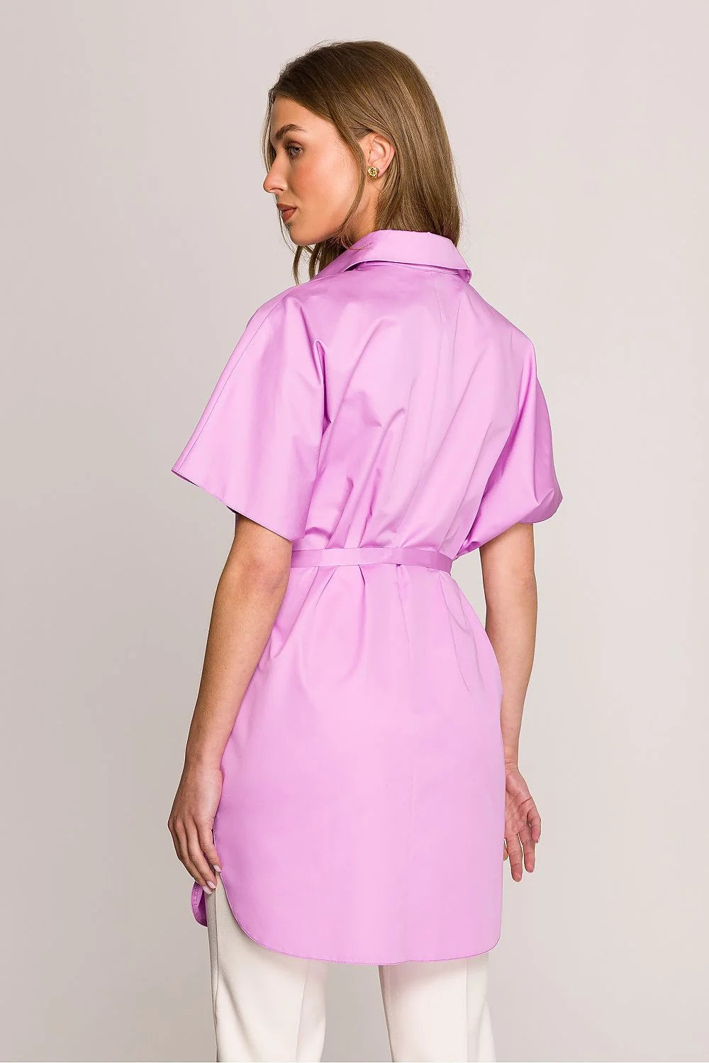 Chemise manche courte Stylove en coton biologique bio couleur lilas style tunique oversize moderne pour femmes