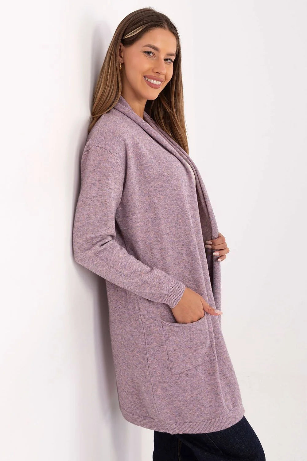 cardigan femme long ouvert maille chinée lilas col châle manches longues poches plaquées bords côtelés douce extensible confortable polyvalent