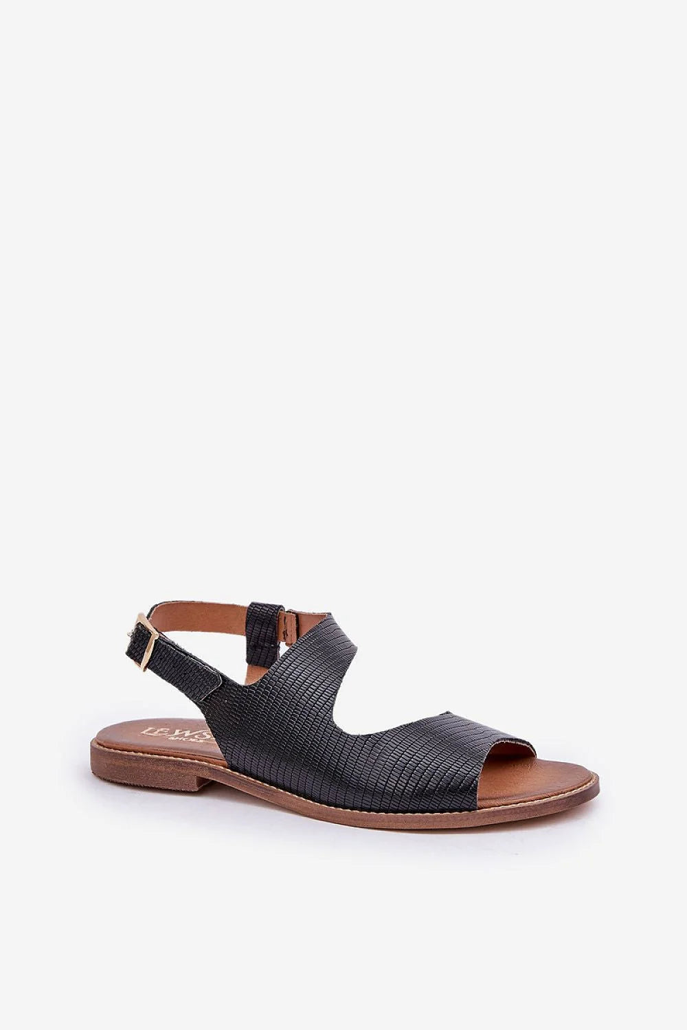 sandales femme cuir grainé noir reptile asymétrique entrecroisé bride arrière réglable boucle semelle fine contrastée marron maintien confort décontracté chic