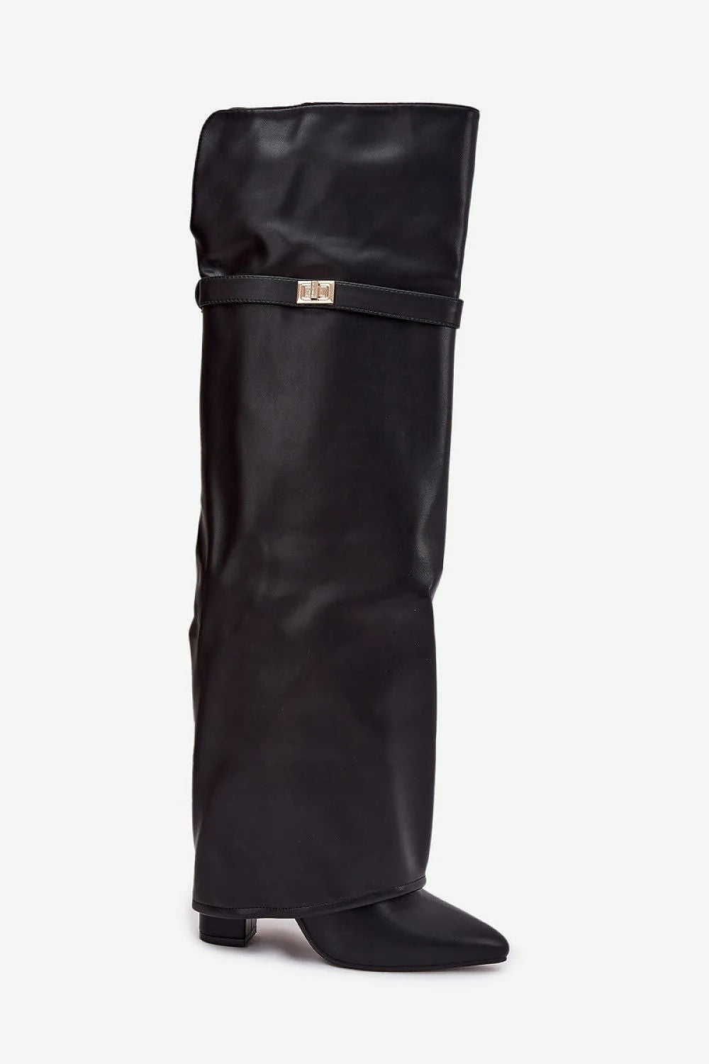 cuissardes femme simili cuir noir tige haute souple revers bout pointu talon bloc bas finition mate sangle boucle dorée chic