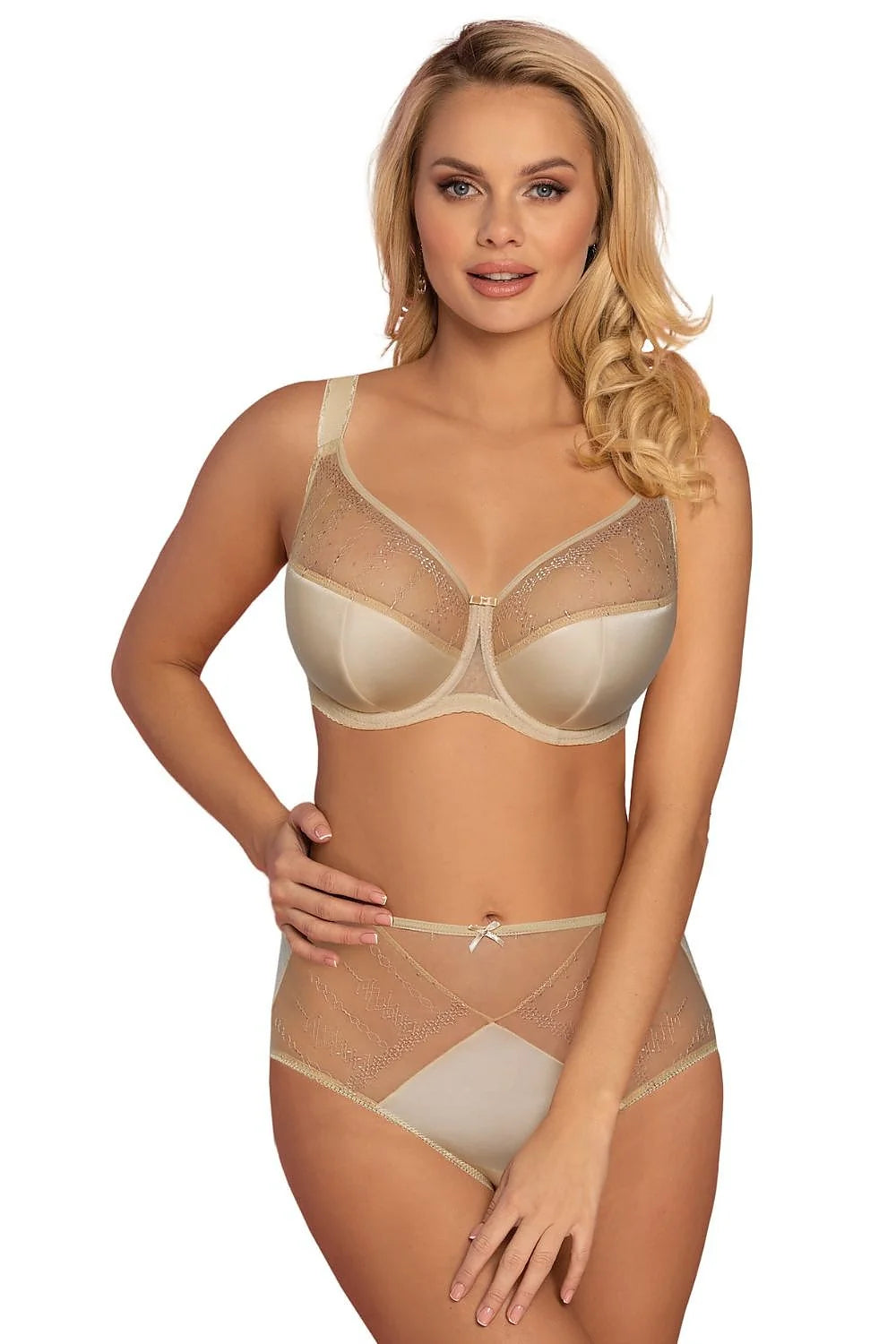 Ensemble de lingerie élégant semi-doux en microfibre et tulle beige pour femmes, dentelle, confort, occasion spéciale