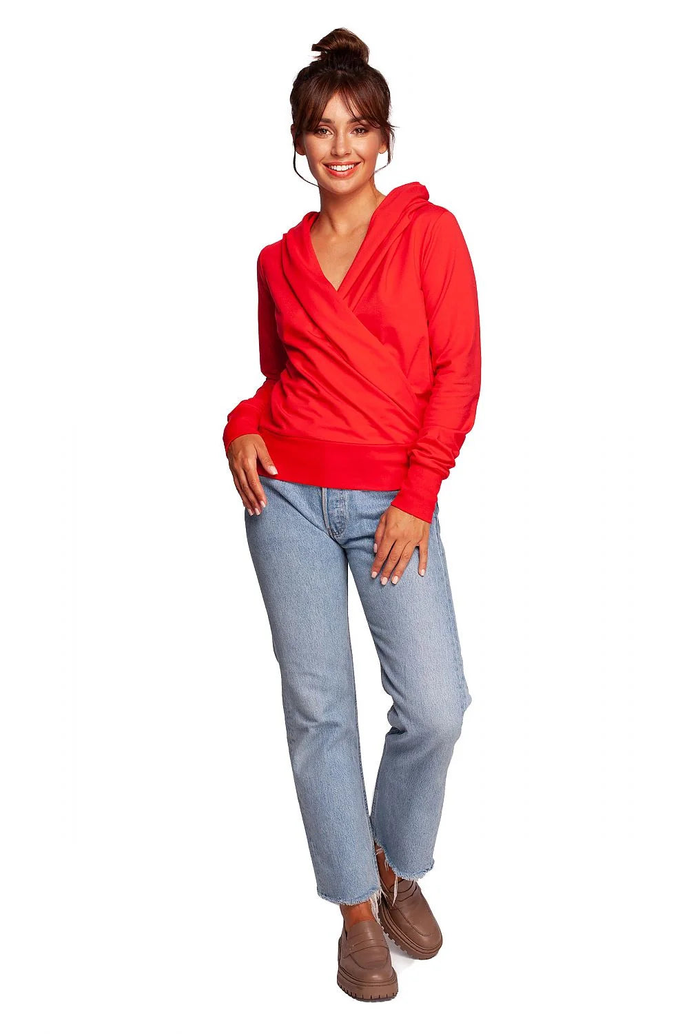 Sweatshirt Be Wear pour femmes, design croisé, capuche, coton élasthanne, coupe moderne, style décontracté, manches longues, couleur vert kaki foncé, occasion quotidienne, vêtement mode, pull trendy, look casual chic, équilibre polyvalent, confort style