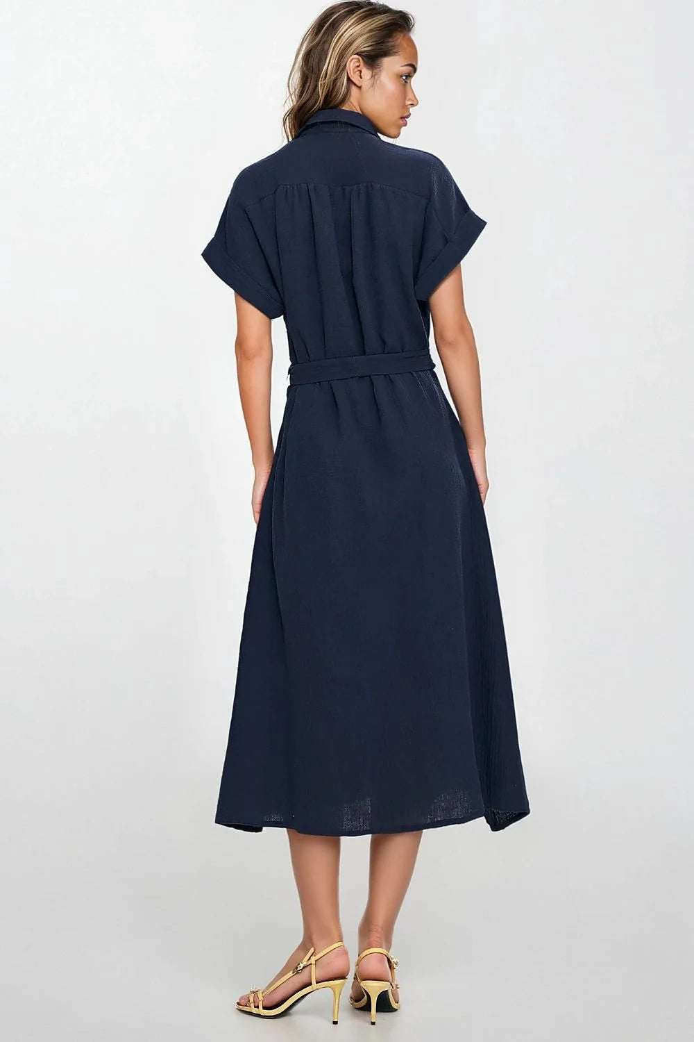 Robe longue classique chemisier bleu marine manches courtes col rond ceinture tissu femme été