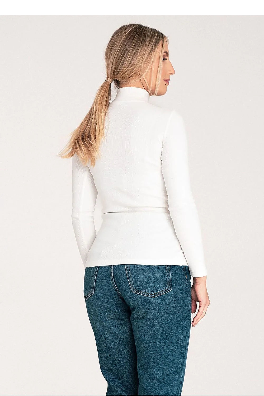 col roulé manches longues coton blanc féminin ajusté intemporel maille fine côtelée extensible doux minimal polyvalent