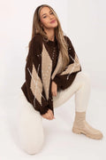 pull femme oversize maille épaisse marron beige motif losange argyle col rond manches ballon volumineuses coupe ample bords côtes poignets